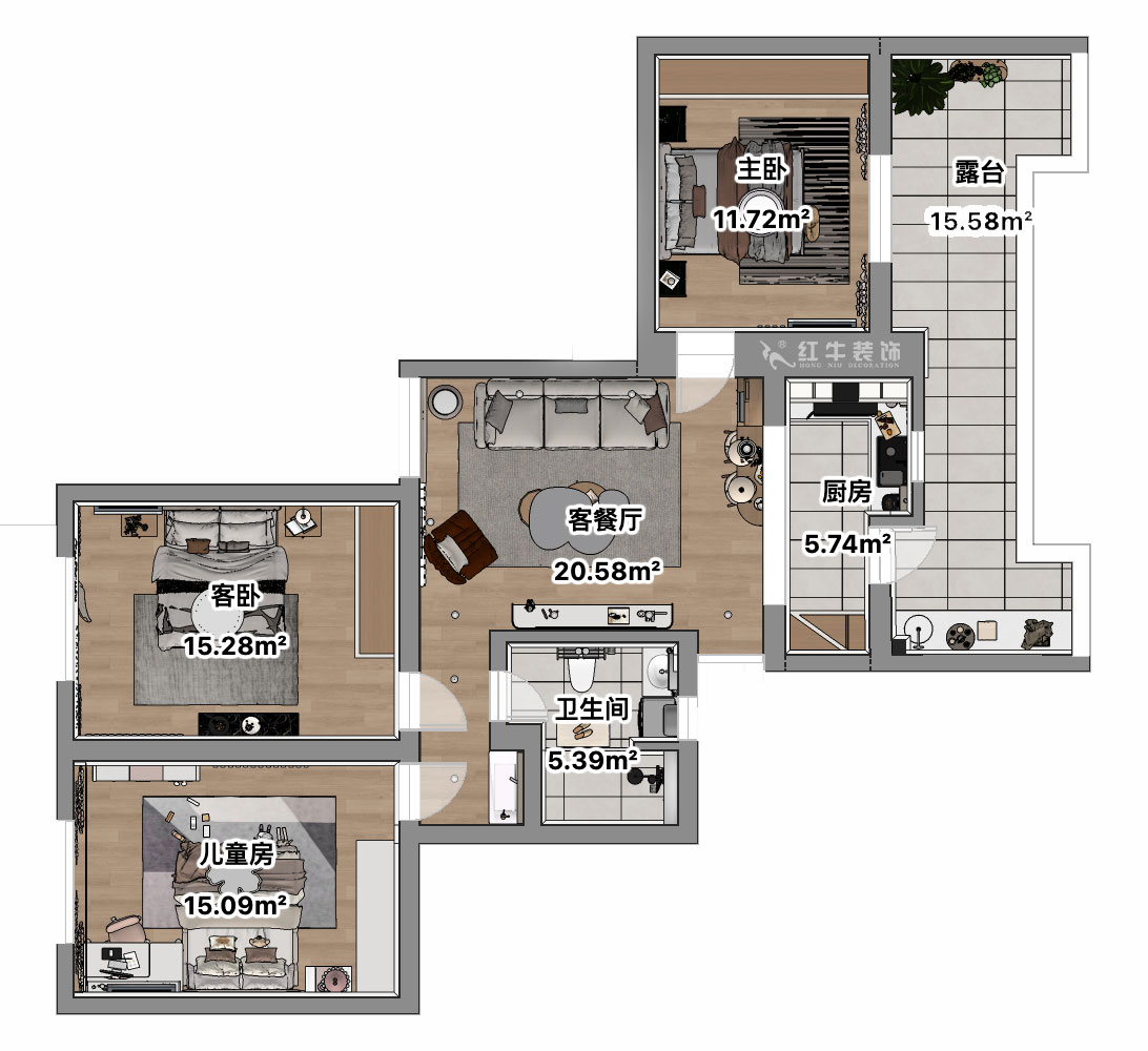 吴波｜清江花苑-清风园7-4-601-94㎡-现代简约风格｜3室1厅1卫｜旧房装修｜定制家｜全包12万｜00_03平面彩图